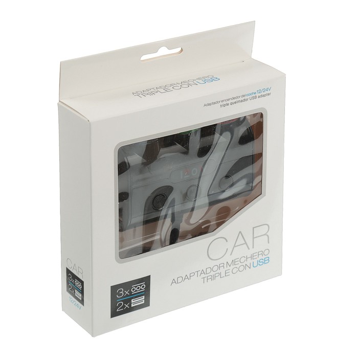 Разветвитель прикуривателя, 3 гнезда 2 USB с подстветкой и вкл/ выкл черный