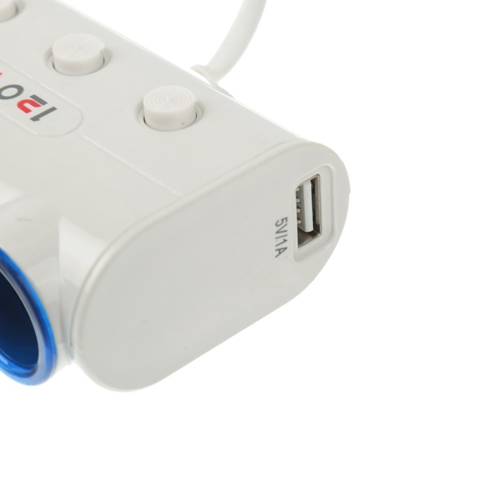 Разветвитель прикуривателя, 3 гнезда 2 USB с подстветкой и вкл/ выкл белый