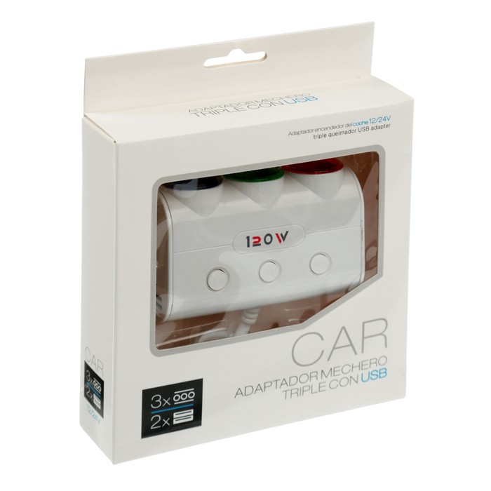 Разветвитель прикуривателя, 3 гнезда 2 USB с подстветкой и вкл/ выкл белый