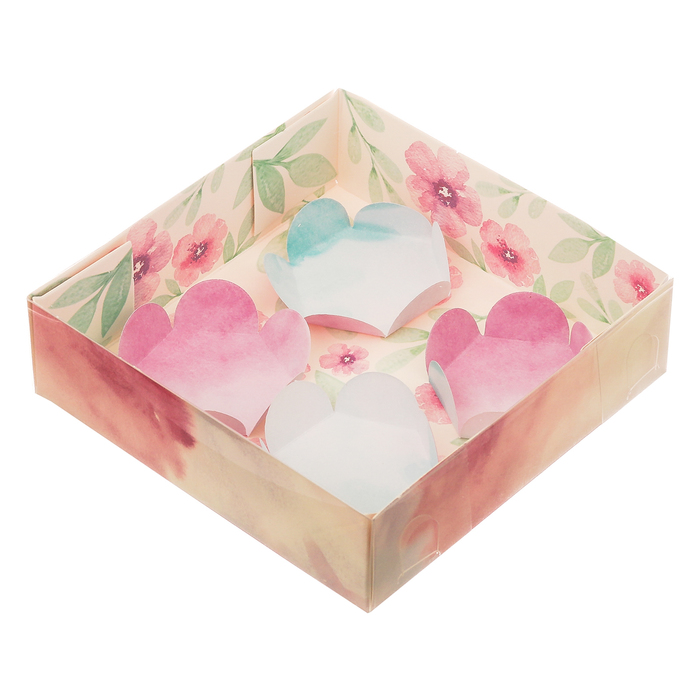 Коробка для макарун с подложками с PVC крышкой «Весенний подарок», 12 х 12 х 3 см