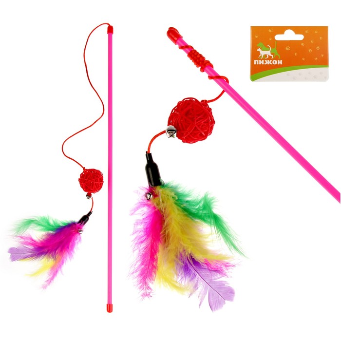 Дразнилка-удочка с шариком из лозы и перьями, микс цветов