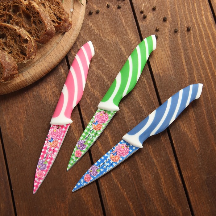 Нож с антиналипающим покрытием "Полосы", лезвие 8,5 см, цвета МИКС