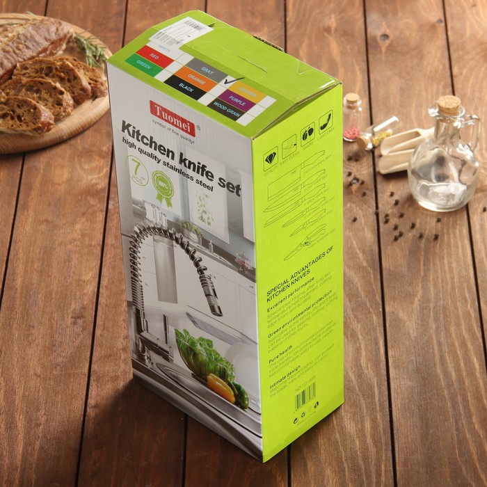 Набор кухонный, 6 предметов: 5 ножей 9/13/17/19/20 см, ножницы, на подставке, цвет светло-коричневый