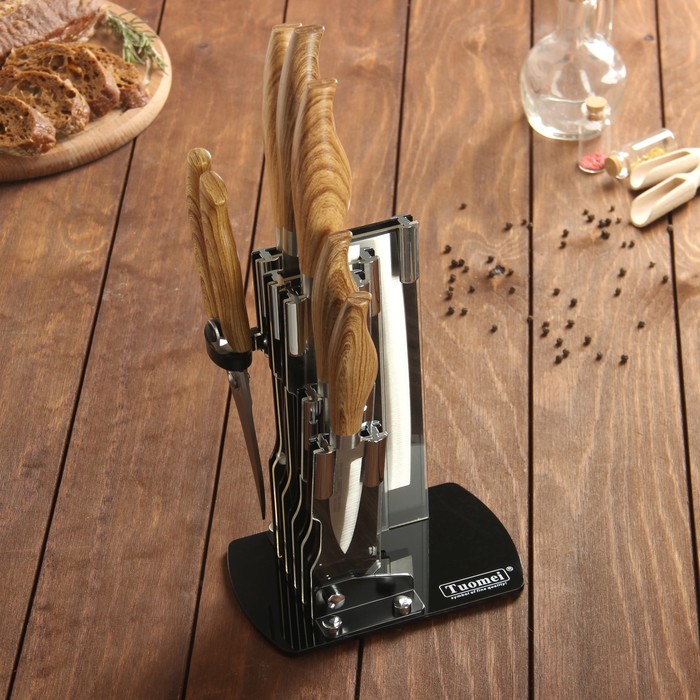 Набор кухонный, 6 предметов: 5 ножей 9/13/17/19/20 см, ножницы, на подставке, цвет светло-коричневый