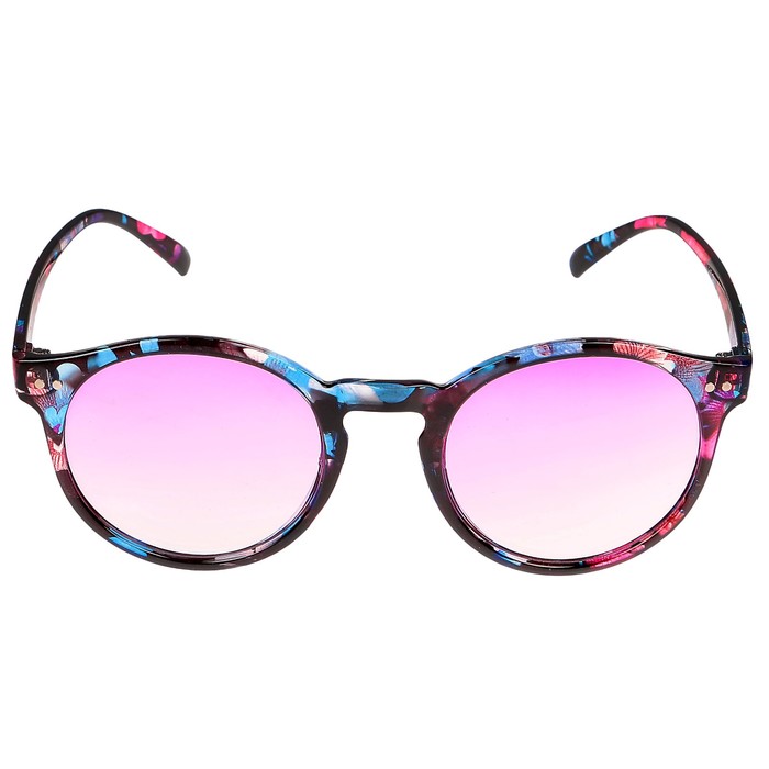 Очки солнцезащитные детские Round. Оправа цветы на черн фоне, линзы фиол, 14,5*13,5см