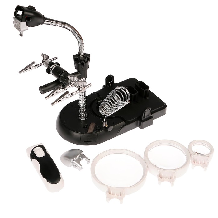 Третья рука для пайки набор, x2,5, x5, x16, 90мм,75мм,37мм, бат 4АА,кругл вилка 220V,18*28см