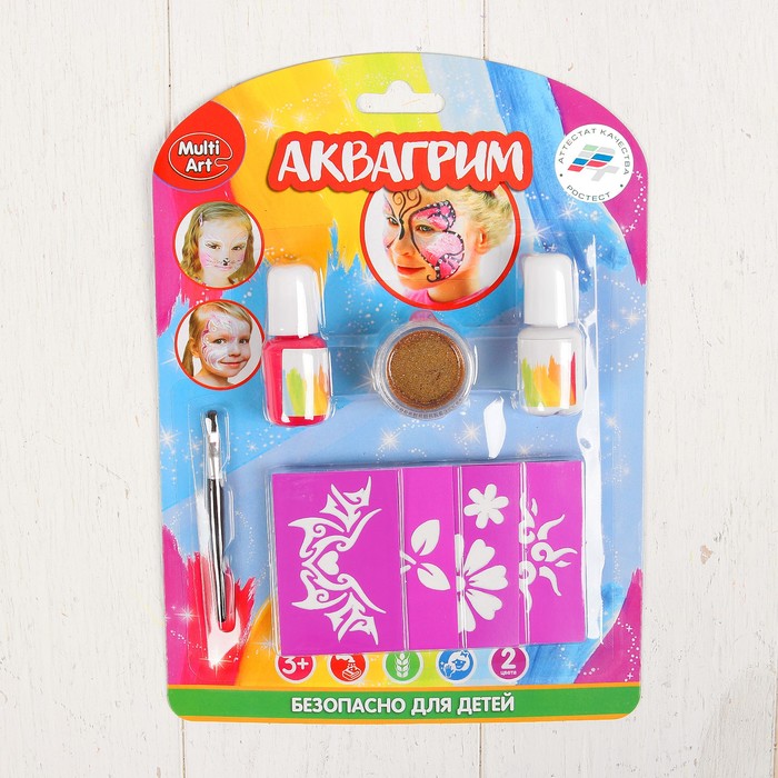 Аквагрим & Тату MultiArt: блестки 1 цвет, 1 кисточка, 4 трафарета для тату 36114-GL
