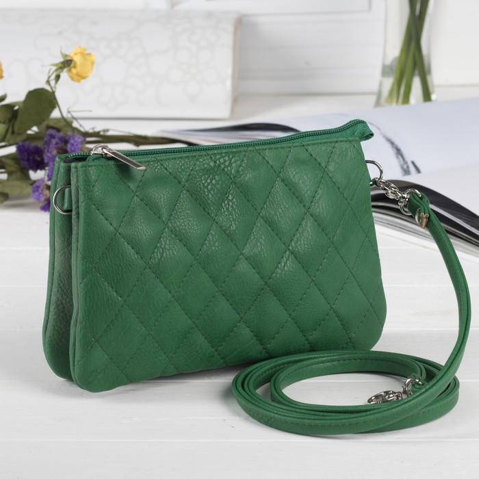 Сумка женская, 1 отдел на молнии, наружный карман, длинный ремень, стёжка, цвет зелёный