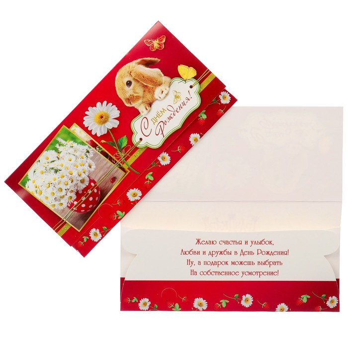 Конверт для денег "С Днём Рождения!" ромашки, кролик