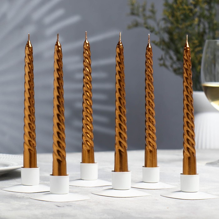Набор Свечей витых, 1,9х 20 см, 6 штук, кофейно-золотой металлик набор свечей витых 1 5х15 см 2 штуки золотой металлик