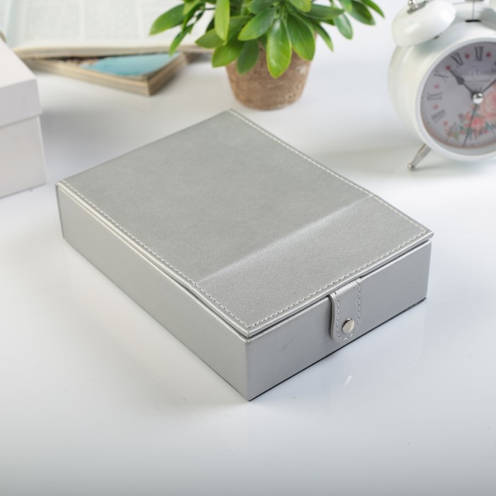 Шкатулка кожзам для украшений с зеркалом "Серебристо-серый" 5,5х21,5х15 см