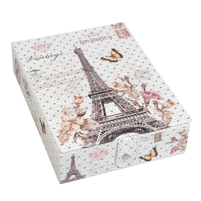 Шкатулка кожзам для украшений с зеркалом "Эйфелева башня" блёстки 6,5х24х18 см