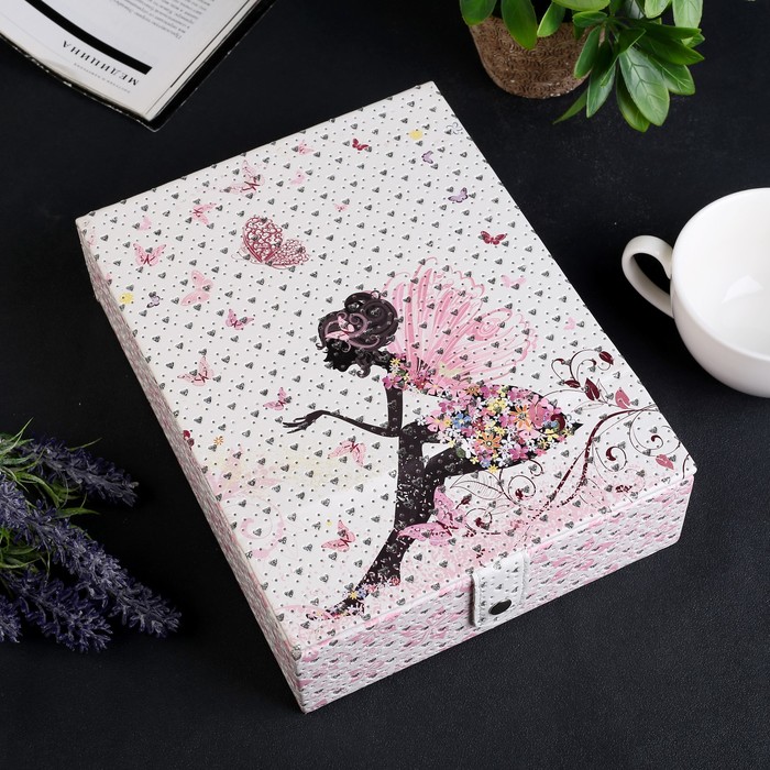 Шкатулка кожзам для украшений с зеркалом "Фея" блёстки 6,5х24х18 см