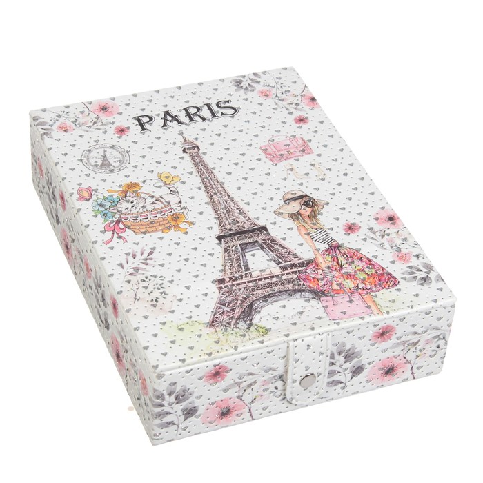 Шкатулка кожзам для украшений с зеркалом "Эйфелева башня. Девушка" блёстки 6,5х24х18 см