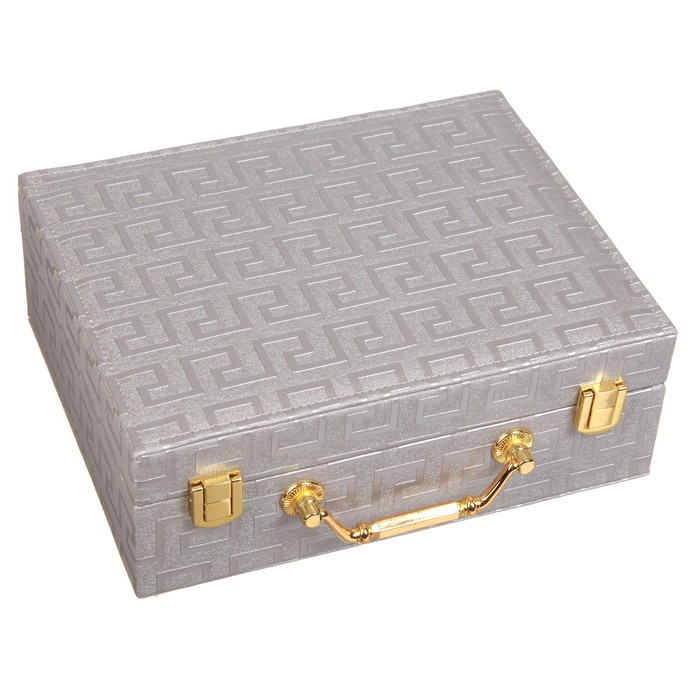 Шкатулка кожзам для украшений чемодан "Греческий орнамент" серебристый 8,5х23,5х18,5 см