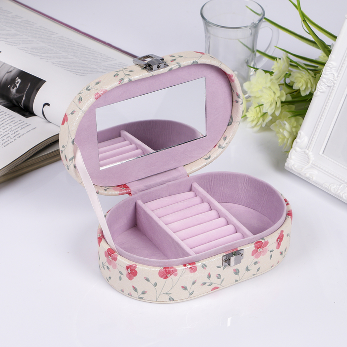 Шкатулка кожзам для украшений овальная "Совушка с бантиком" жемчужный блеск 6х17,5х11,5 см