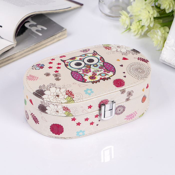 Шкатулка кожзам для украшений овальная "Совёнок цветочный" жемчужный блеск 6х17,5х11,5 см