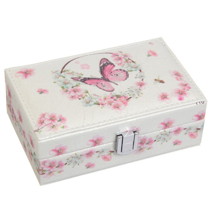 Шкатулка кожзам для украшений "Бабочка и яблоневый цвет" жемчужный блеск 6х16х10 см