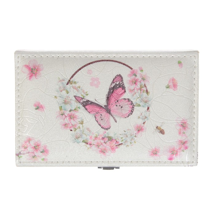Шкатулка кожзам для украшений "Бабочка и яблоневый цвет" жемчужный блеск 6х16х10 см