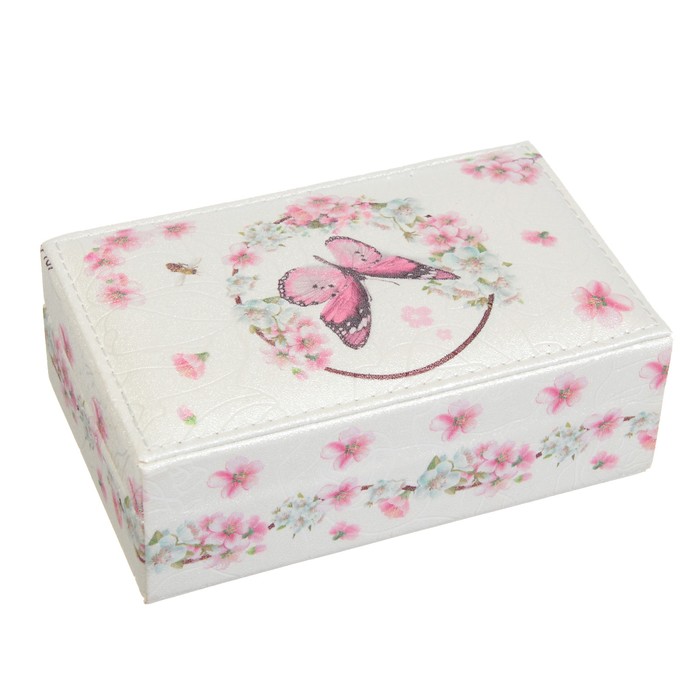 Шкатулка кожзам для украшений "Бабочка и яблоневый цвет" жемчужный блеск 6х16х10 см