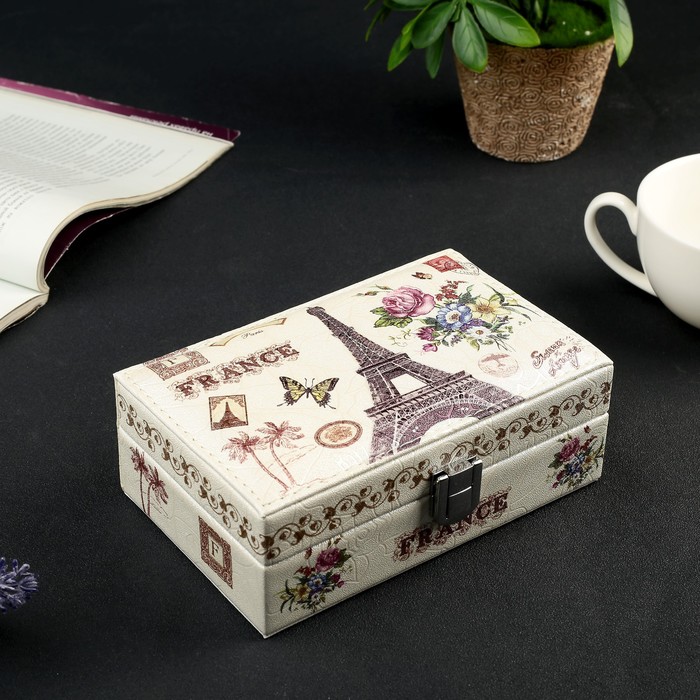 Шкатулка кожзам для украшений "Франция. Эйфелева башня" жемчужный блеск 6х16х10 см