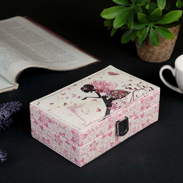 Шкатулка кожзам для украшений "Фея в волшебном саду" жемчужный блеск 6х16х10 см