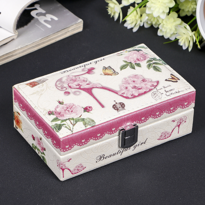 Шкатулка кожзам для украшений "Цветочная туфелька" жемчужный блеск 6х16х10 см