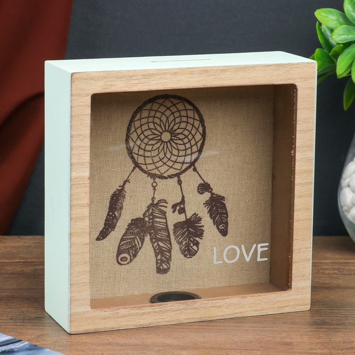 Копилка дерево, стекло "Ловец снов. Love" 17,8х17,8х6,5 см