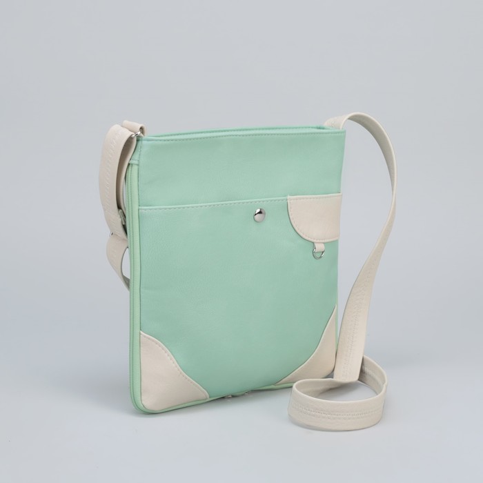 Сумка женская, 1 отдел на молнии, наружный карман, длинный ремень, цвет мятный/бежевый