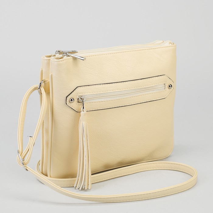 Сумка женская, 2 отдела на молниях, 2 наружных кармана, длинный ремень, цвет молочный