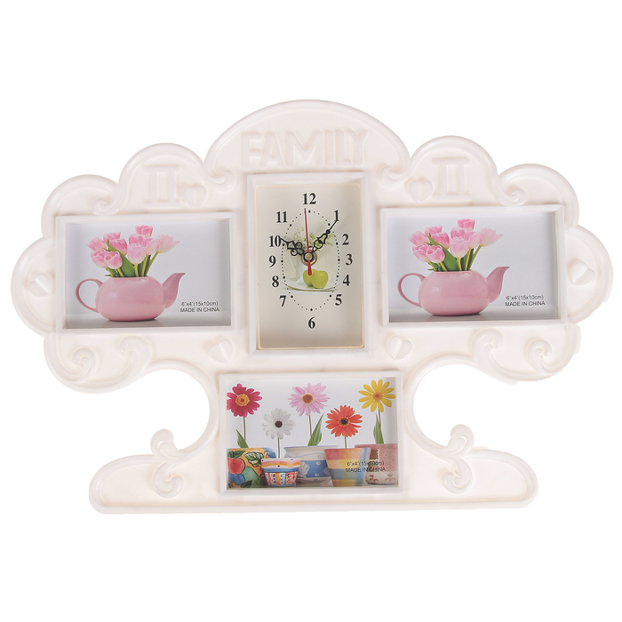 Часы настенные хайтек+3 фоторамок "Дерево" белые (фото 10х15) 50*35см