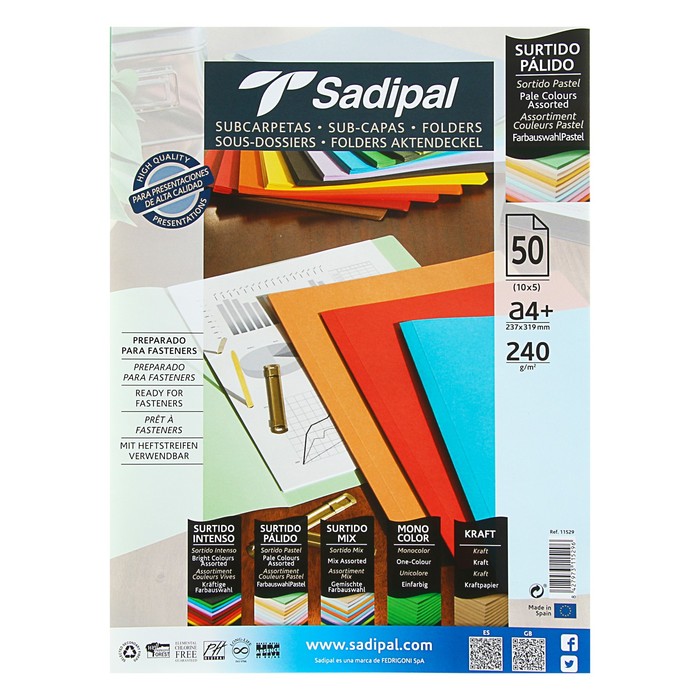 Картон цветной набор 210*297мм Sadipal Sirio 240г/м² 50л*10цв светлые цвета 11529