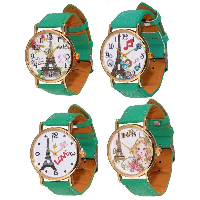Наручные часы женские, рисунок на циферблате микс, эйфелева башня , зелёный ремешок