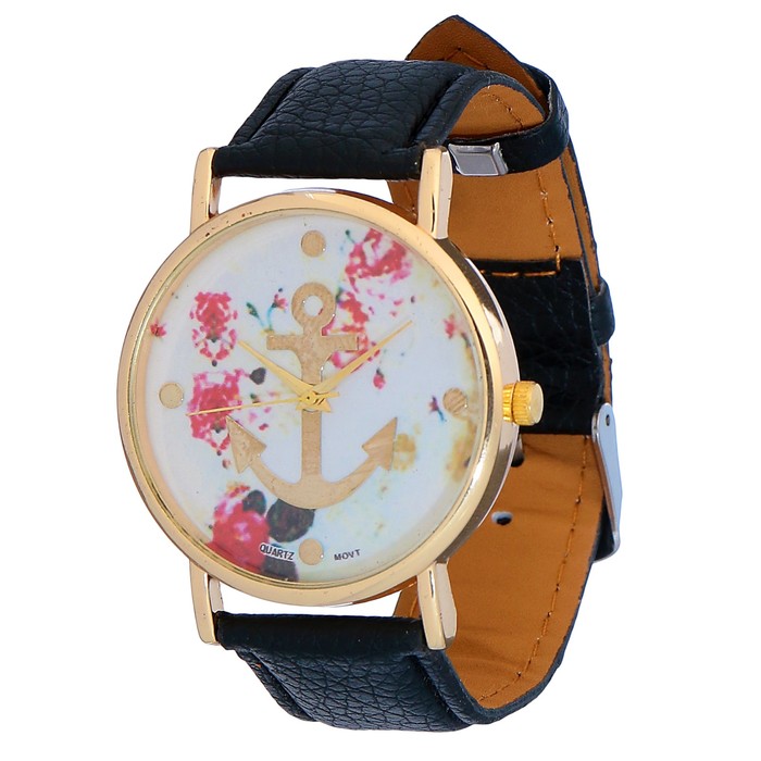 Наручные часы женские, рисунок на циферблате якорь, ремешок чёрный