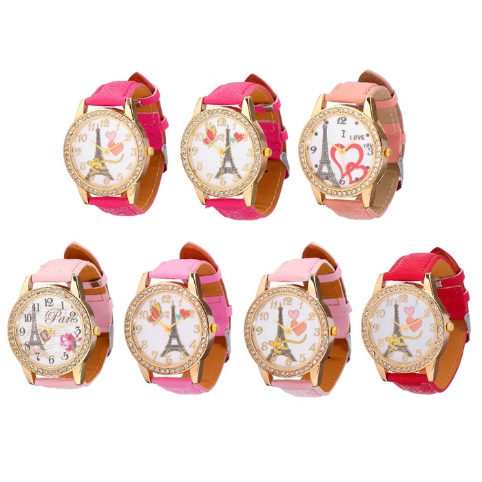 Наручные часы женские, на циферблате эйфелева башня микс, окантовка стразы, ремешок микс
