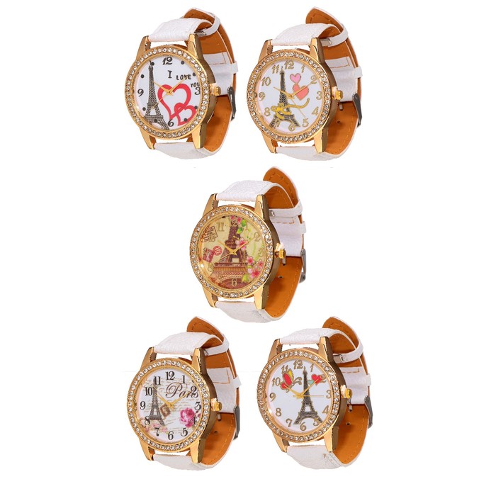 Наручные часы женские, на циферблате эйфелева башня микс, окантовка стразы, ремешок белый
