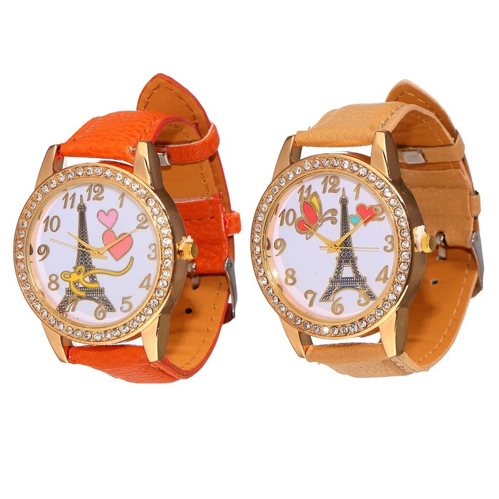 Наручные часы женские, на циферблате эйфелева башня микс, окантовка стразы оранжев./песочный