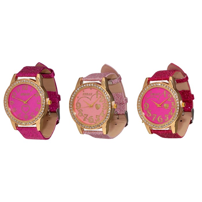 Наручные часы женские, циферблат с сердечком микс, окантовка стразы, ремешок розовый микс