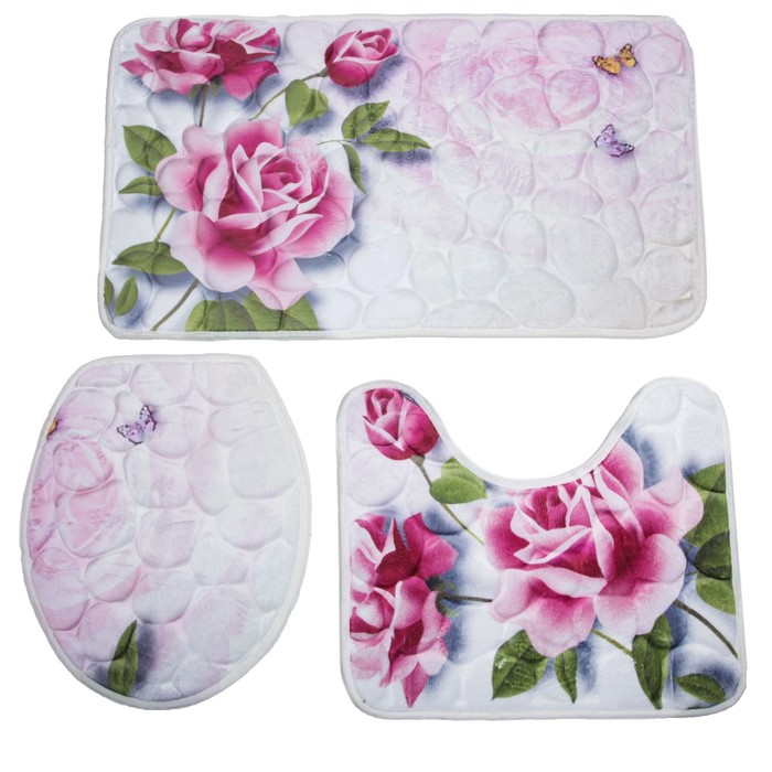 Набор ковриков для ванной и туалета 3 шт "Розовый куст"