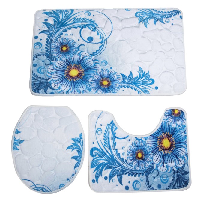 Набор ковриков для ванной и туалета 3 шт "Синие цветы"