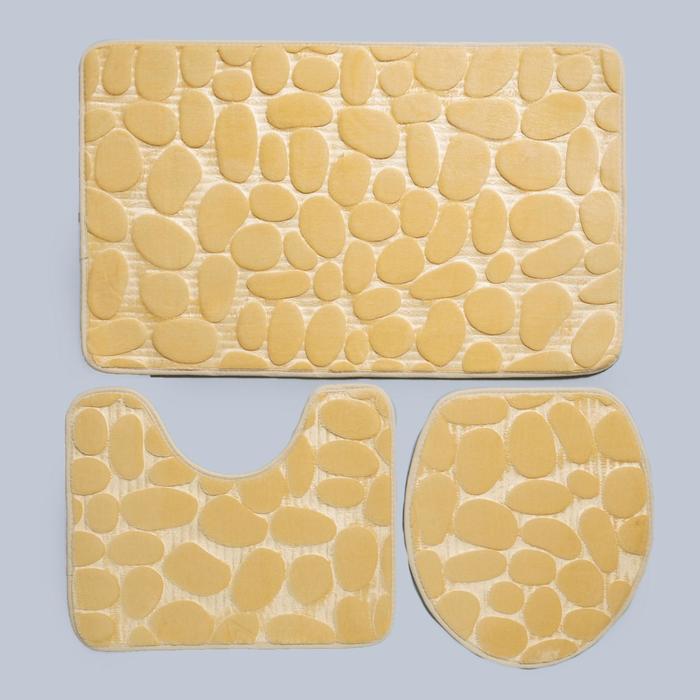 Набор ковриков для ванной и туалета 3 шт "Галька", цвет бежевый