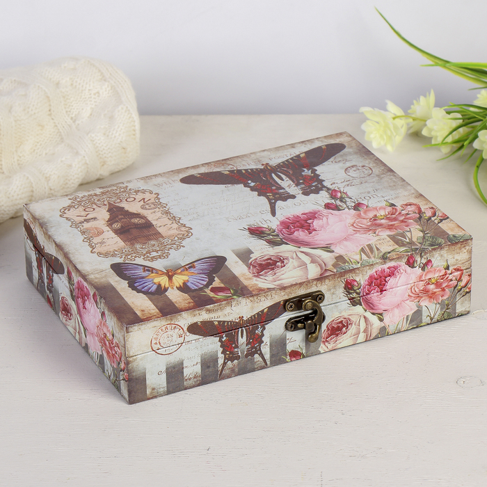 Шкатулка дерево "Лондон. Бабочки. Пионы" 5,5х24х17 см
