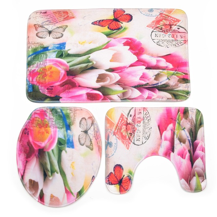 Набор ковриков для ванной и туалета 3 шт "Тюльпаны"