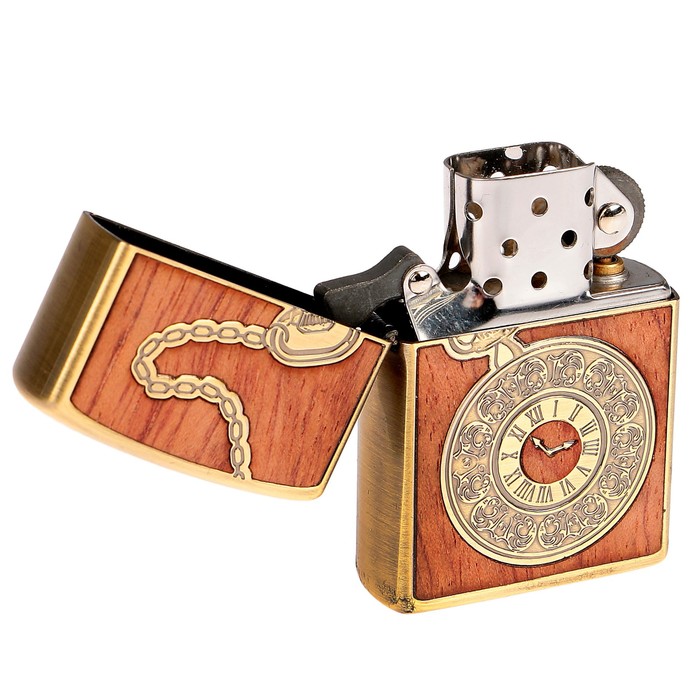 Зажигалка с крышкой, бензин, картинка карманные часы, латунь, 4х5.5 см