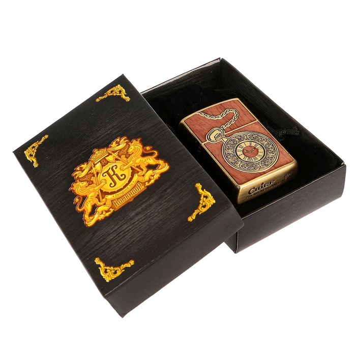 Зажигалка с крышкой, бензин, картинка карманные часы, латунь, 4х5.5 см