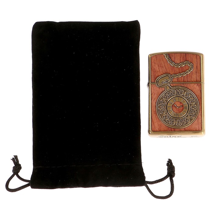 Зажигалка с крышкой, бензин, картинка карманные часы, латунь, 4х5.5 см