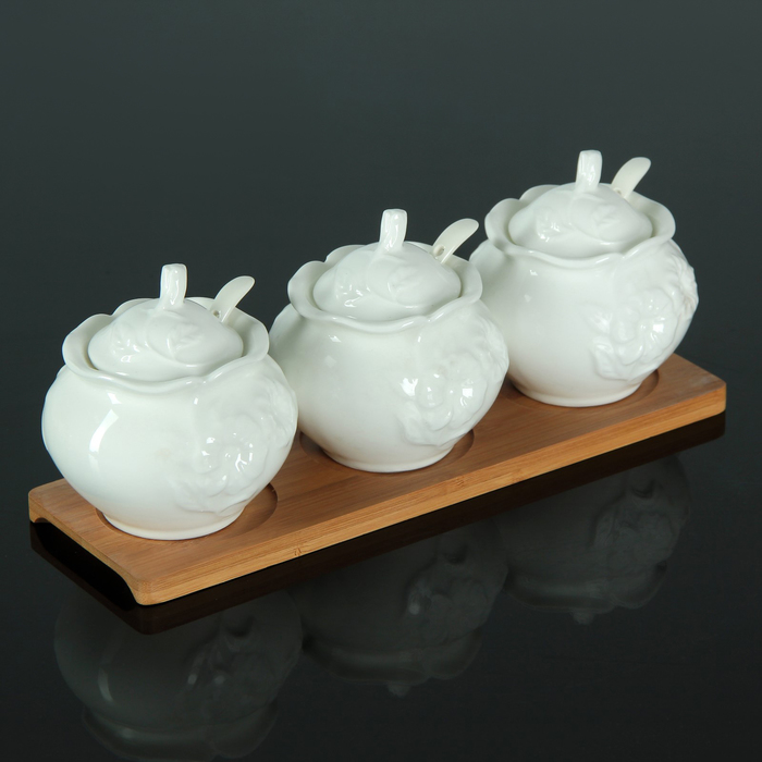 Набор банок для сыпучих продуктов 300 мл "Аурелия", 3 шт, с ложками, на деревянной подставке