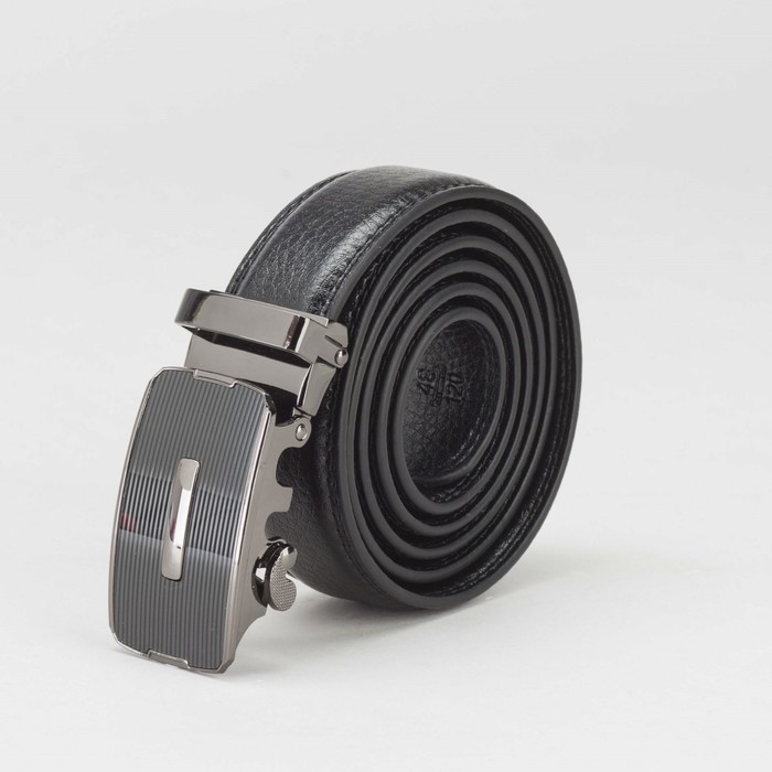 Ремень мужской, гладкий, пряжка - автомат тёмный металл, ширина - 3 см, цвет чёрный