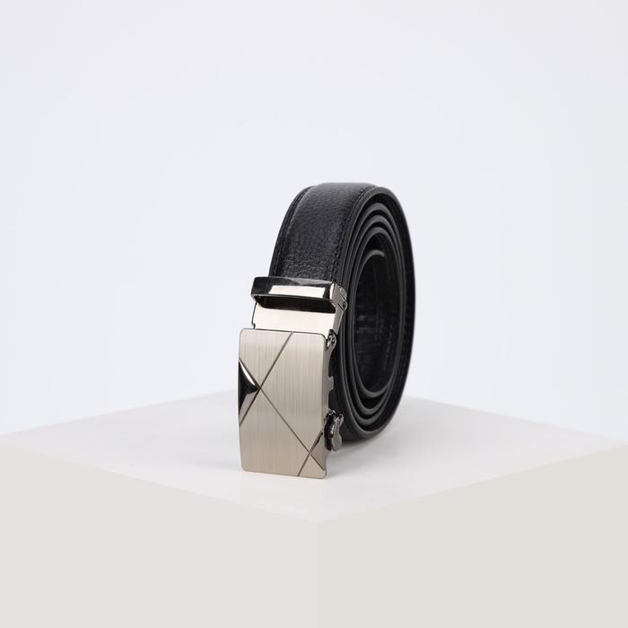 Ремень мужской, гладкий, пряжка - автомат тёмный металл, ширина - 3 см, цвет чёрный