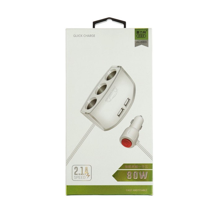 Разветвитель прикуривателя, 3 гнезда 2 USB c подстветкой,кнопка вкл., белый